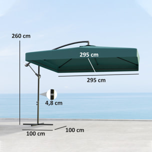 Parasol Excéntrico Ø 295 cm Sombrilla de Jardín con Ángulo Ajustable Mosquiteras Base Cruzada y Manivela para Terraza Patio Exterior Verde Oscuro