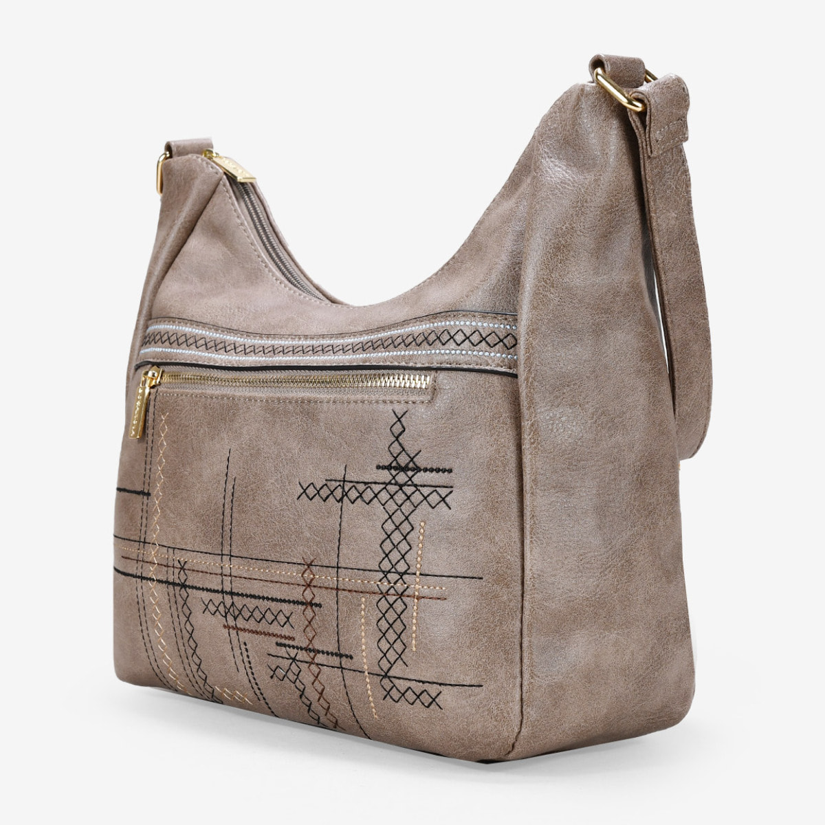 Bolso góndola taupe con bordado