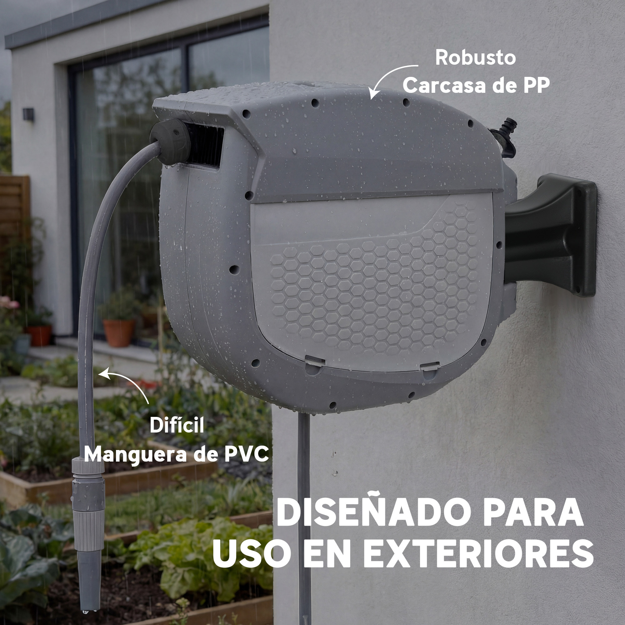 Enrollador de Manguera para Jardín 20+1,9 m con Boquilla de 2 Modos, Carrete de Manguera de Jardín de Pared con Bloqueo Automático y Retracción Controlada, Soporte Orientable 180°, Gris