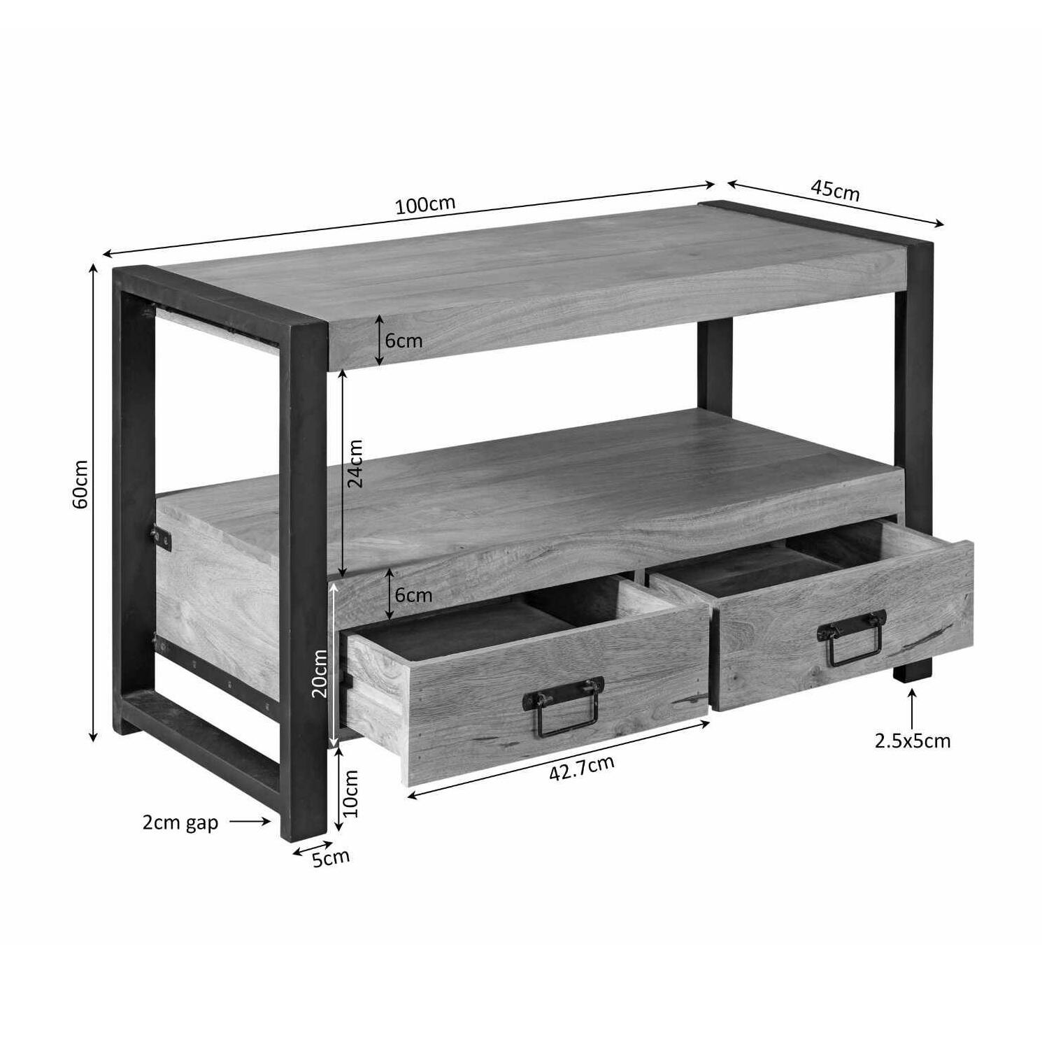 Petit meuble TV bois métal 2 tiroirs MILORA