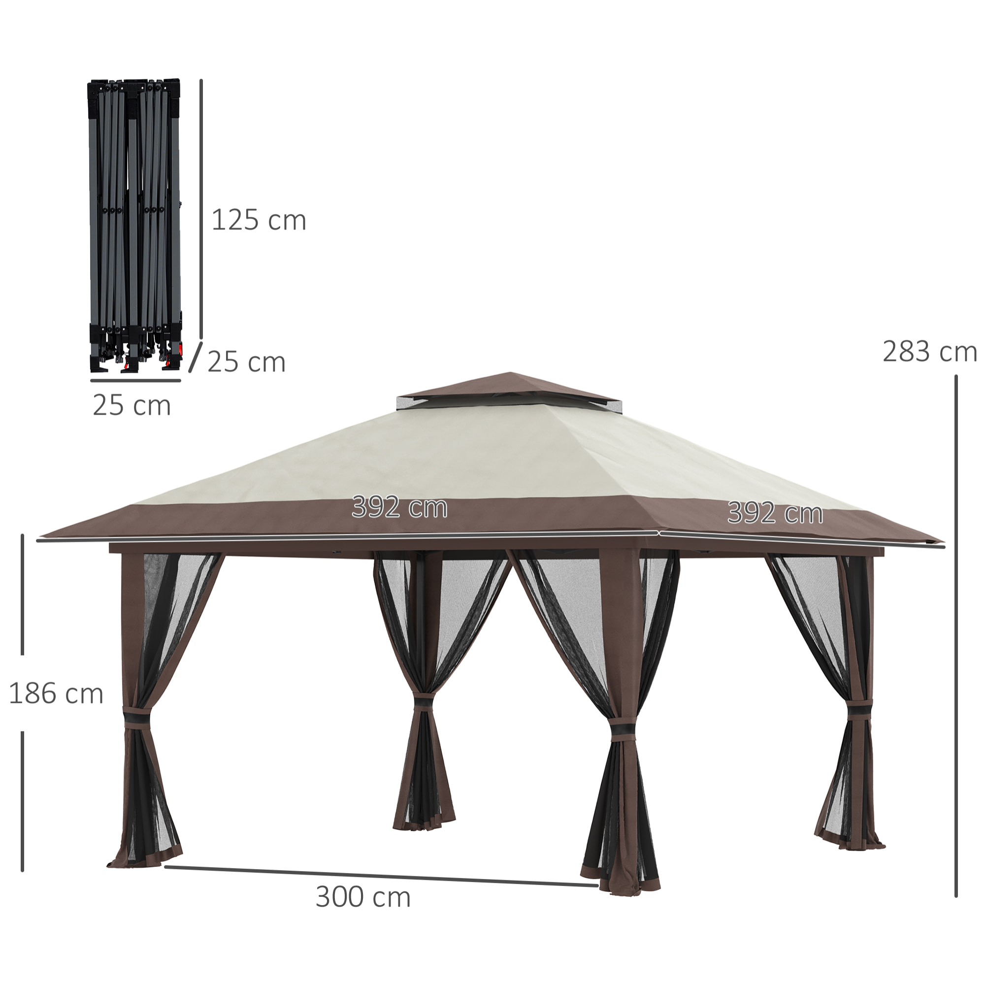 Carpa Plegable Pop-up 4x4x2,8 m Cenador de Jardín con Paredes Altura Ajustable Anti-UV Impermeable Doble Techo Mosquiteras y Bolsa de Ruedas Gazebo para Fiestas Camping Beige