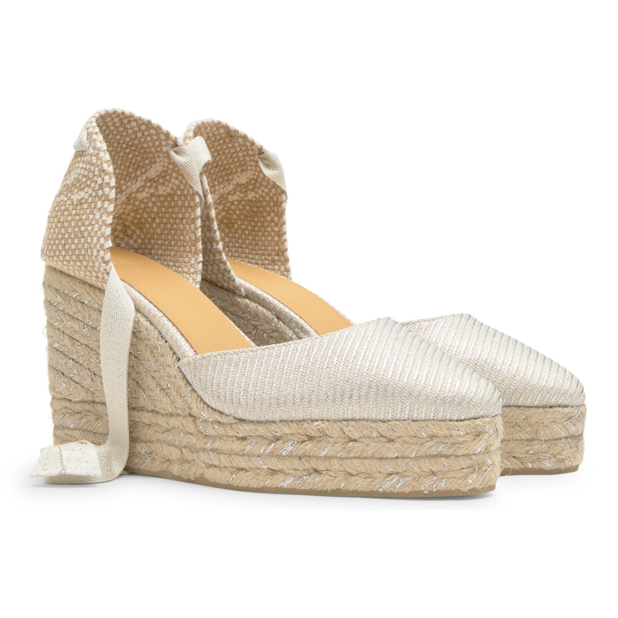 Alpargata Joyce cuña de yute en lino metalizado con cintas y punta afilada