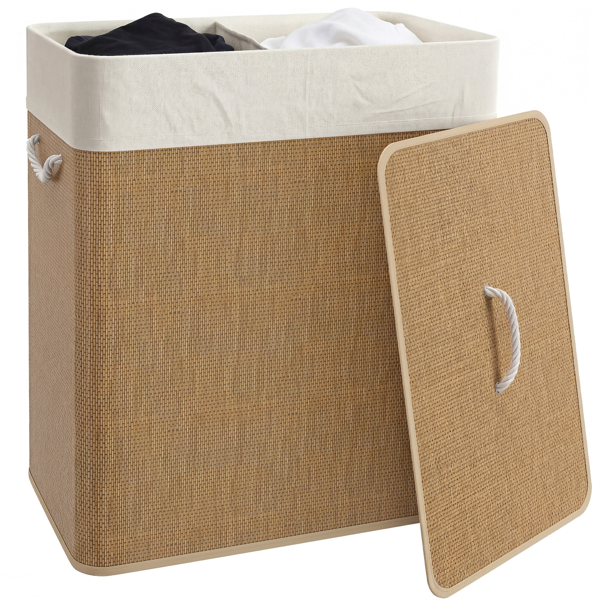 Cesto de Ropa Sucia con Tapa 100L Cesta Colada de Bambú con 2 Compartimentos Bolsa Interior Extraíble para Lavandería Dormitorio 52x32x63 cm Marrón