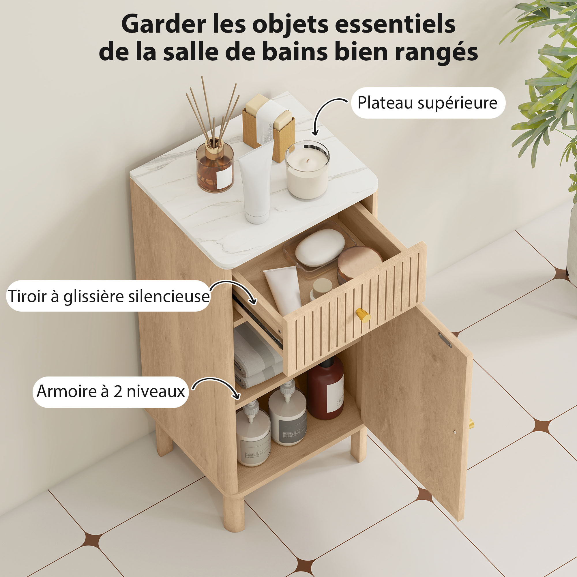 Meuble bas salle de bain style bois naturel plateau effet marbre blanc porte étagère tiroir