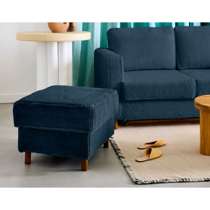 Jake - pouf en fausse fourrure - pieds en bois foncé - Bleu
