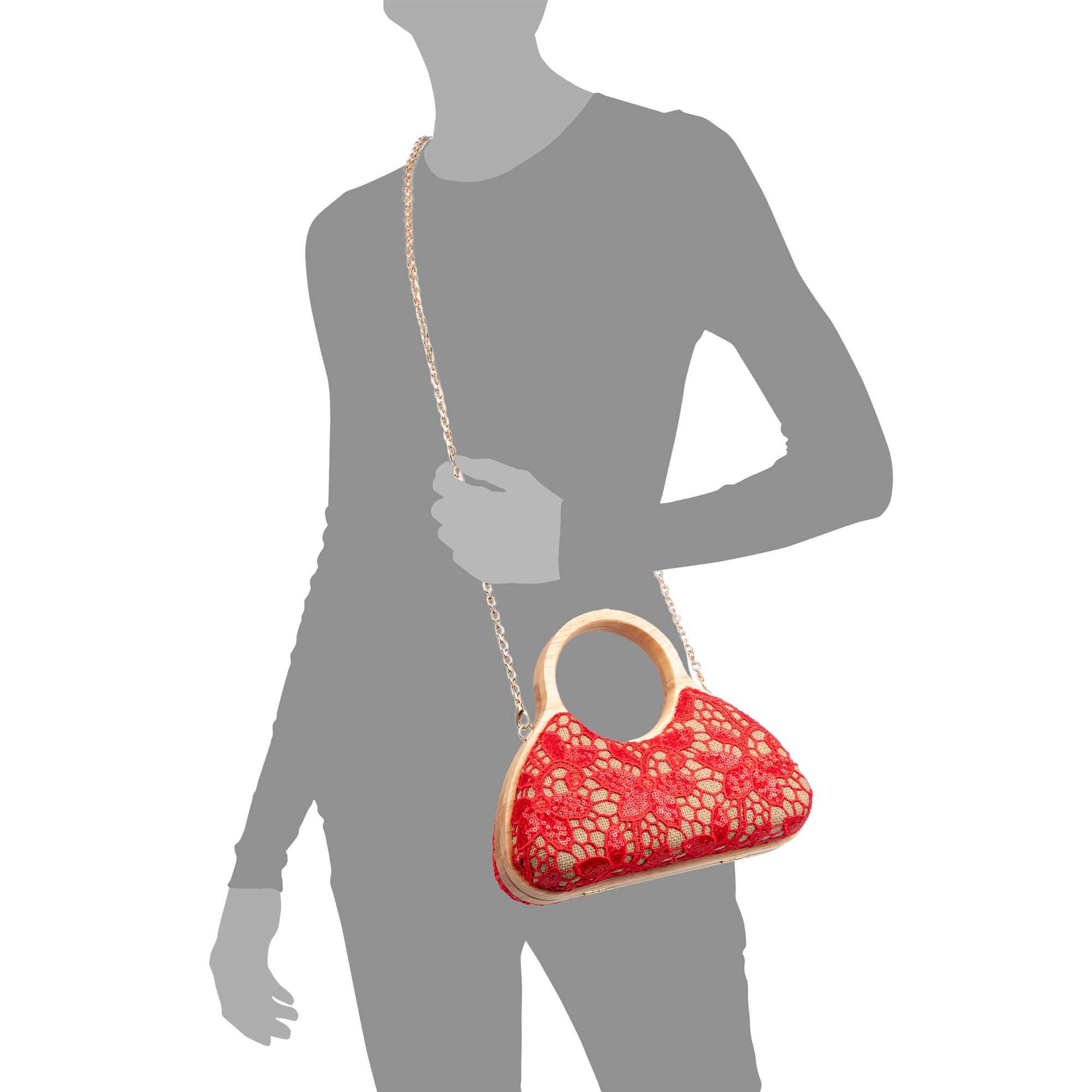 Avisio borsa a mano realizzata in legno naturale, cotone e juta con design in rete di tessuto floreale