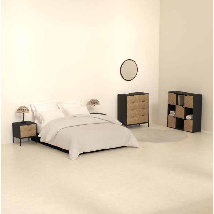 Chevet "Chevrons" 2 tiroirs effet pin naturel et noir 50x45cm