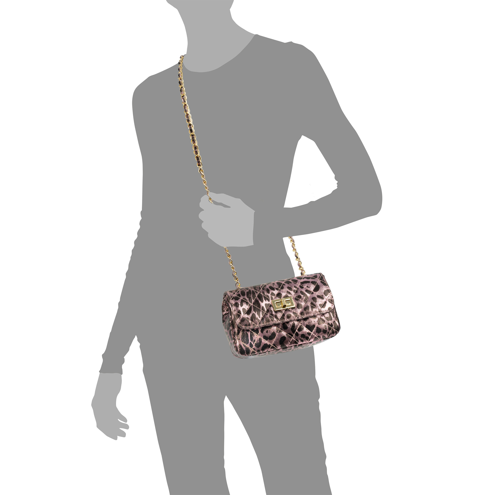 Amaro bolso bandolera mujer. Piel auténtica Gamuza acolchada, animal print leopardo, lacado brillante.