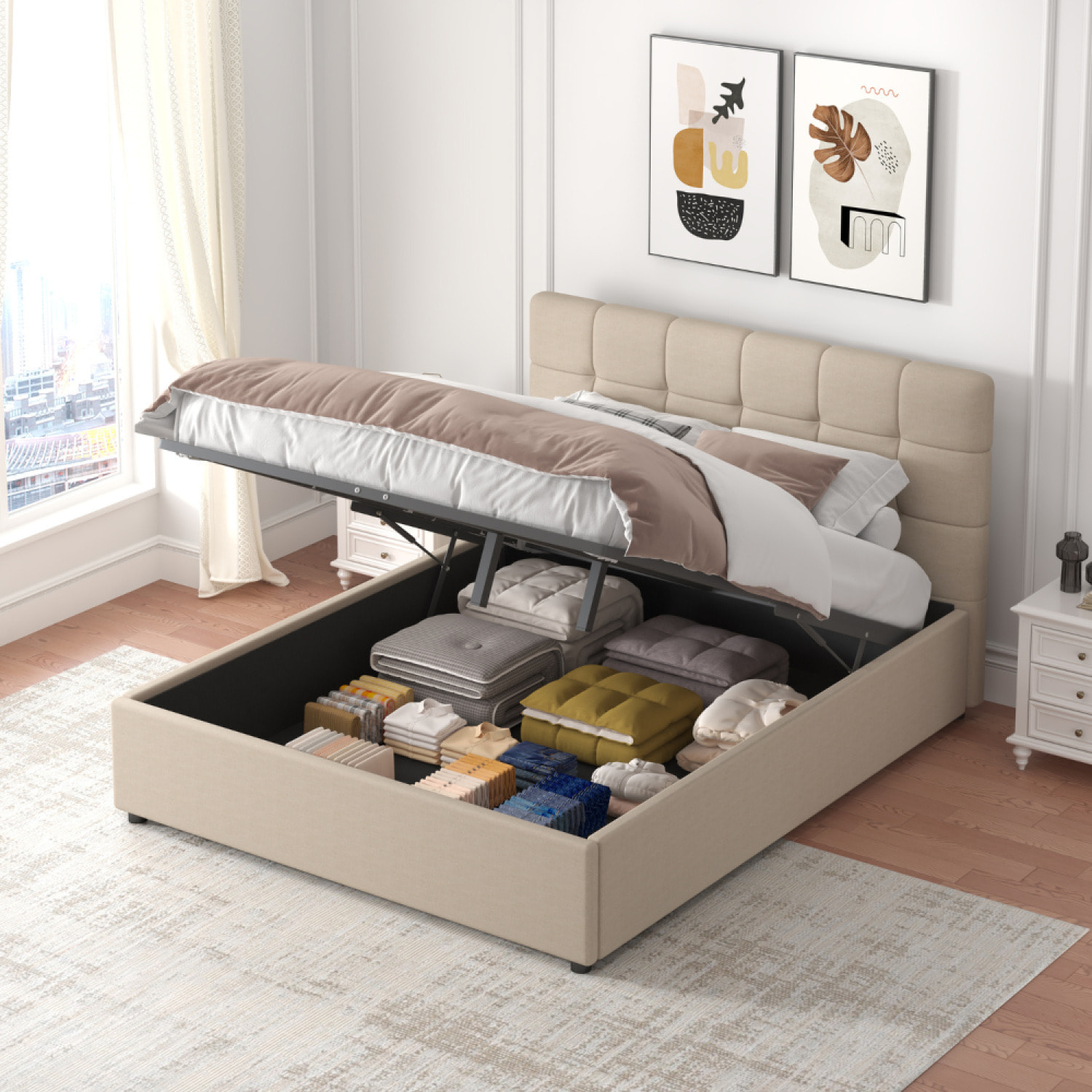 LYANNA Lit avec coffre de rangement 140x190cm velours beige