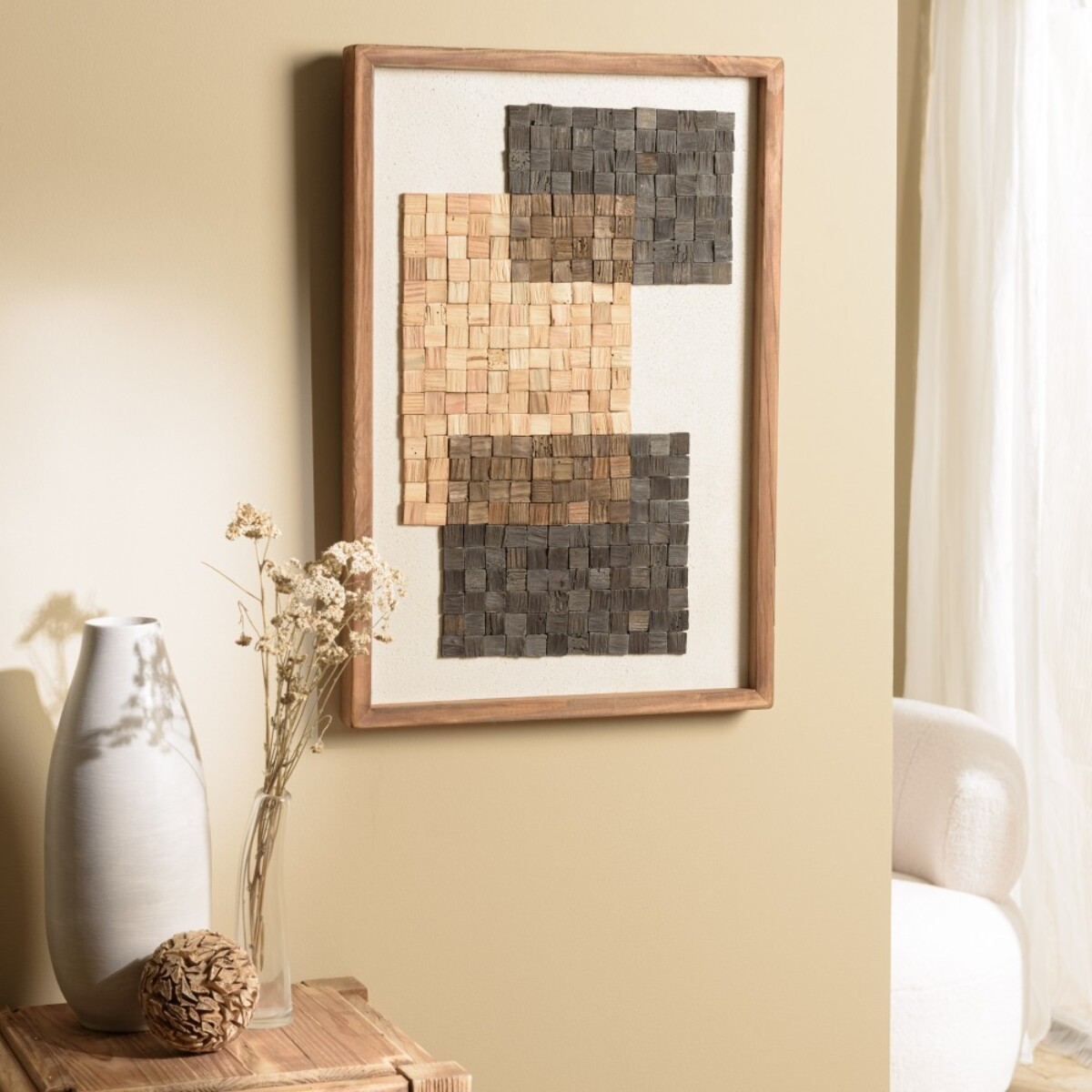 SANDY - Décoration murale n°1 42x62cm mosaïque beige/noire Pin recyclé