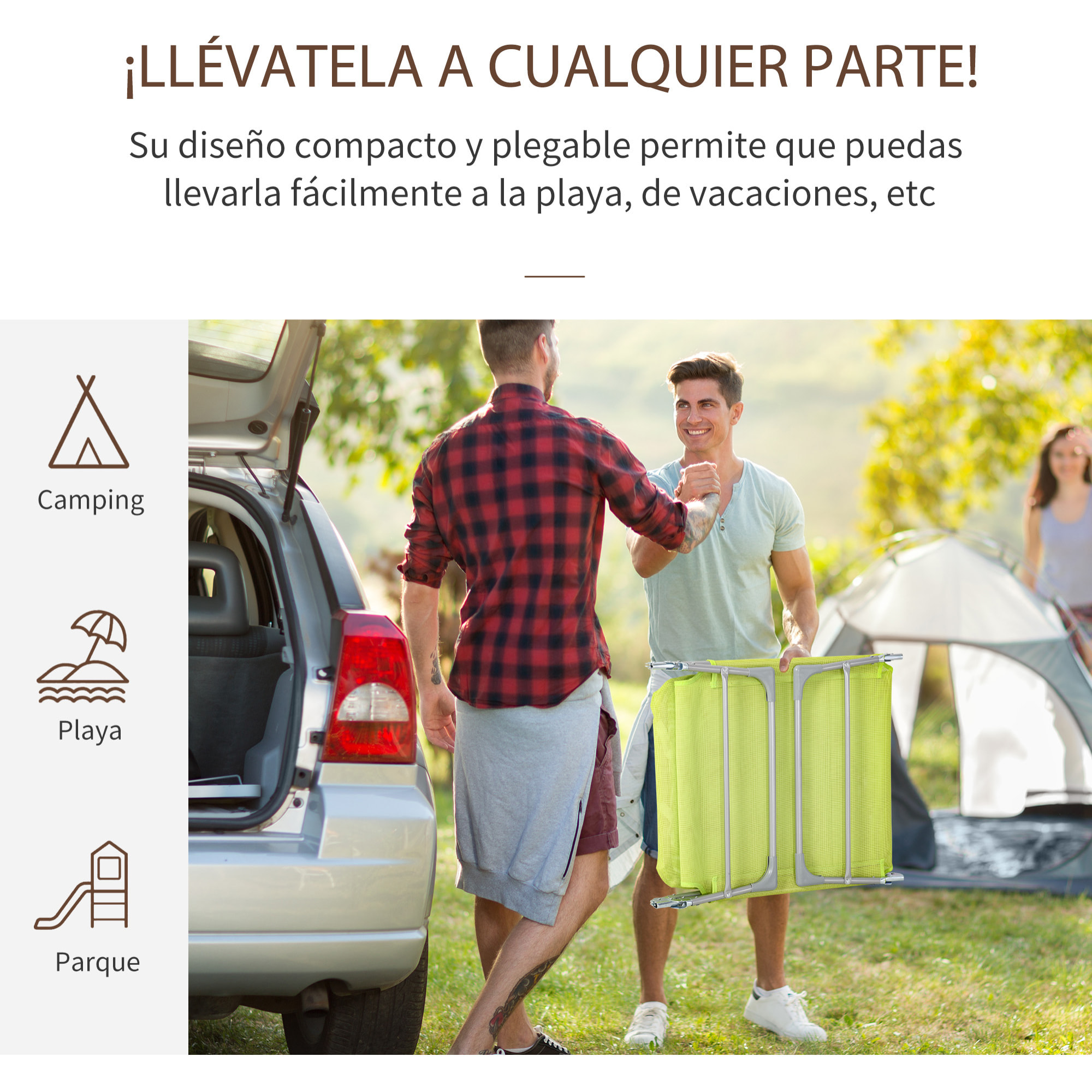 Tumbona Plegable y Reclinable con Reposacabezas y Respaldo Ajustable Verde