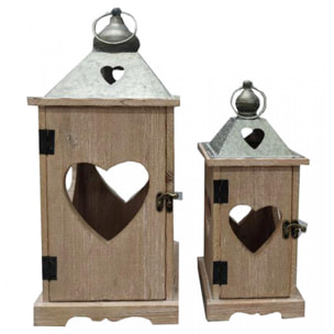 Set Di Due Lanterne Con Cuore In Legno E Metallo - Pezzi 1 - 21X46X21cm - Colore: Altro - Bianchi Dino - Decori Casa E Complementi