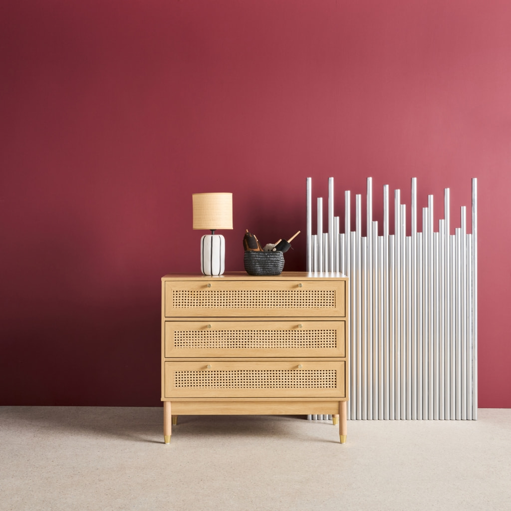 Commode décor bois et cannage 3 tiroirs teinte naturelle - 90 x 40 x 80 cm - Judith