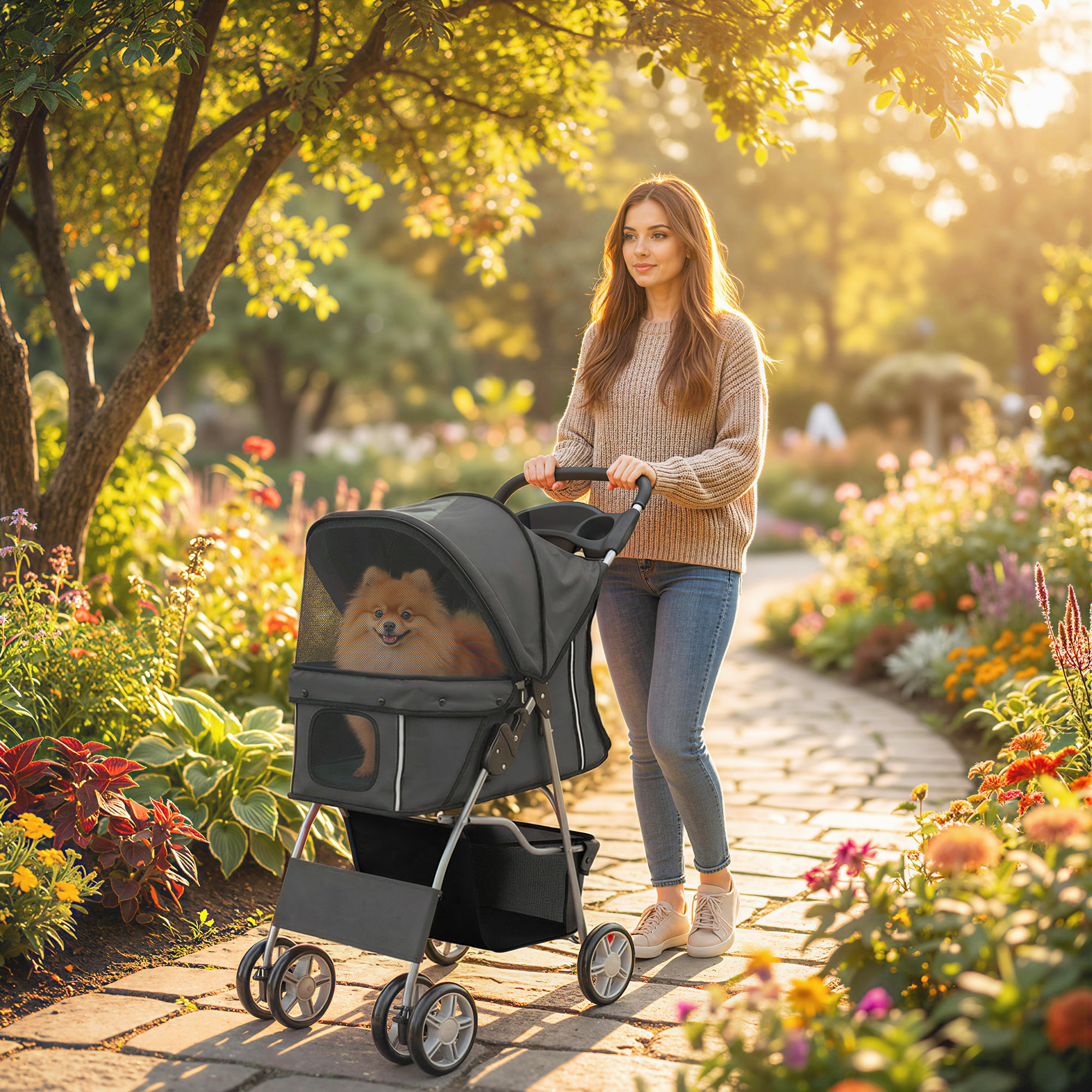 Carrito para Perros Plegable, Cochecito para Perros Pequeños con Cesta de Almacenaje, Ventanas de Malla, Portavasos, Ruedas de EVA, Cojín Lavable, Frenos, Carga 10 kg, 77x44x102 cm, Gris Oscuro