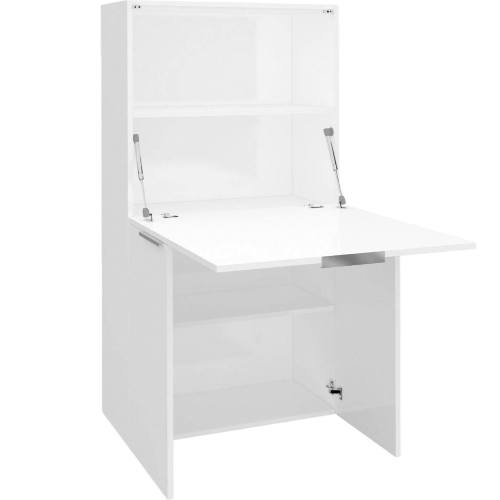 Scrivania con piano nascosto, Made in Italy, Mobile con scaffali e piano da lavoro, Armadio salvaspazio, cm 70x35h140, colore Bianco lucido