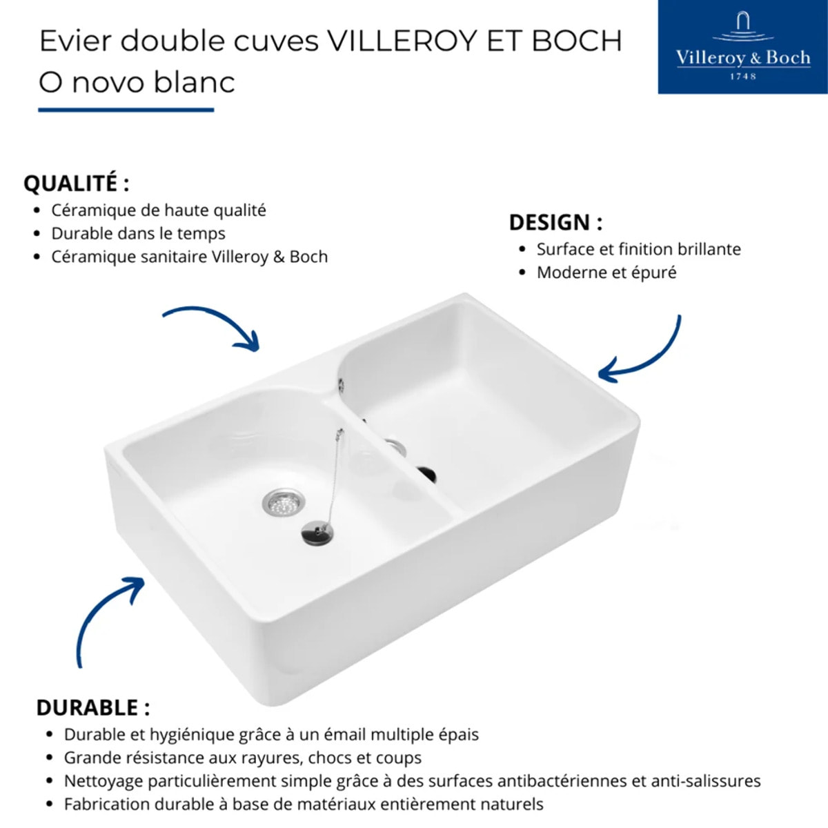 Evier double cuves blanc VILEROY ET BOCH O Novo 220 x 895 x 550 mm avec trop-plein