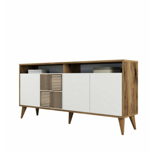 Consolle Garigliano, Credenza da soggiorno, Armadio basso per TV, Base parete attrezzata, 160x35 h79 cm, Noce e Bianco