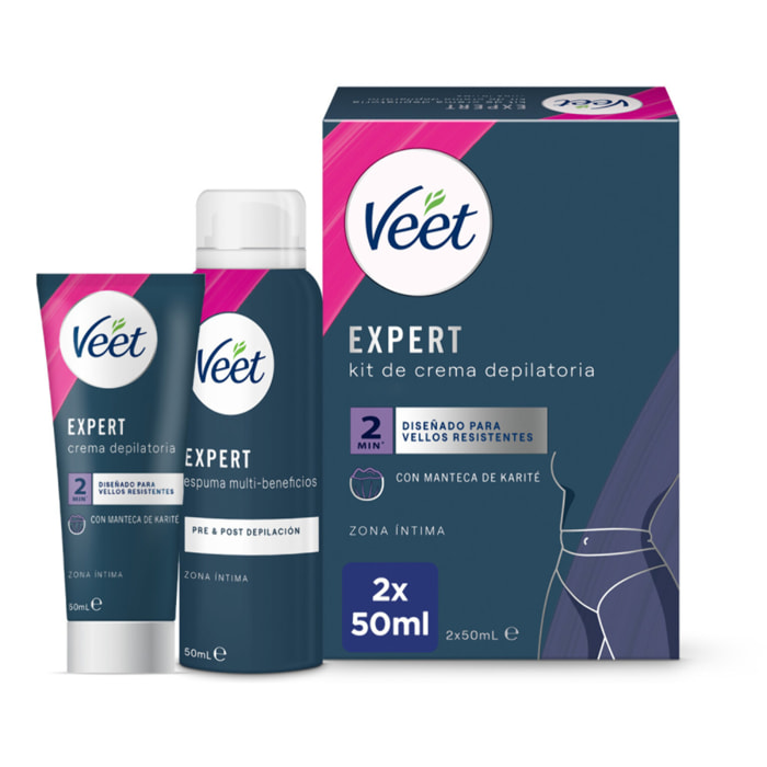 Veet Expert Kit de Depilación para Zonas Íntimas del Cuerpo, Crema Depilatoria Mujer 50 ml y Espuma Multi-Beneficios 50 ml