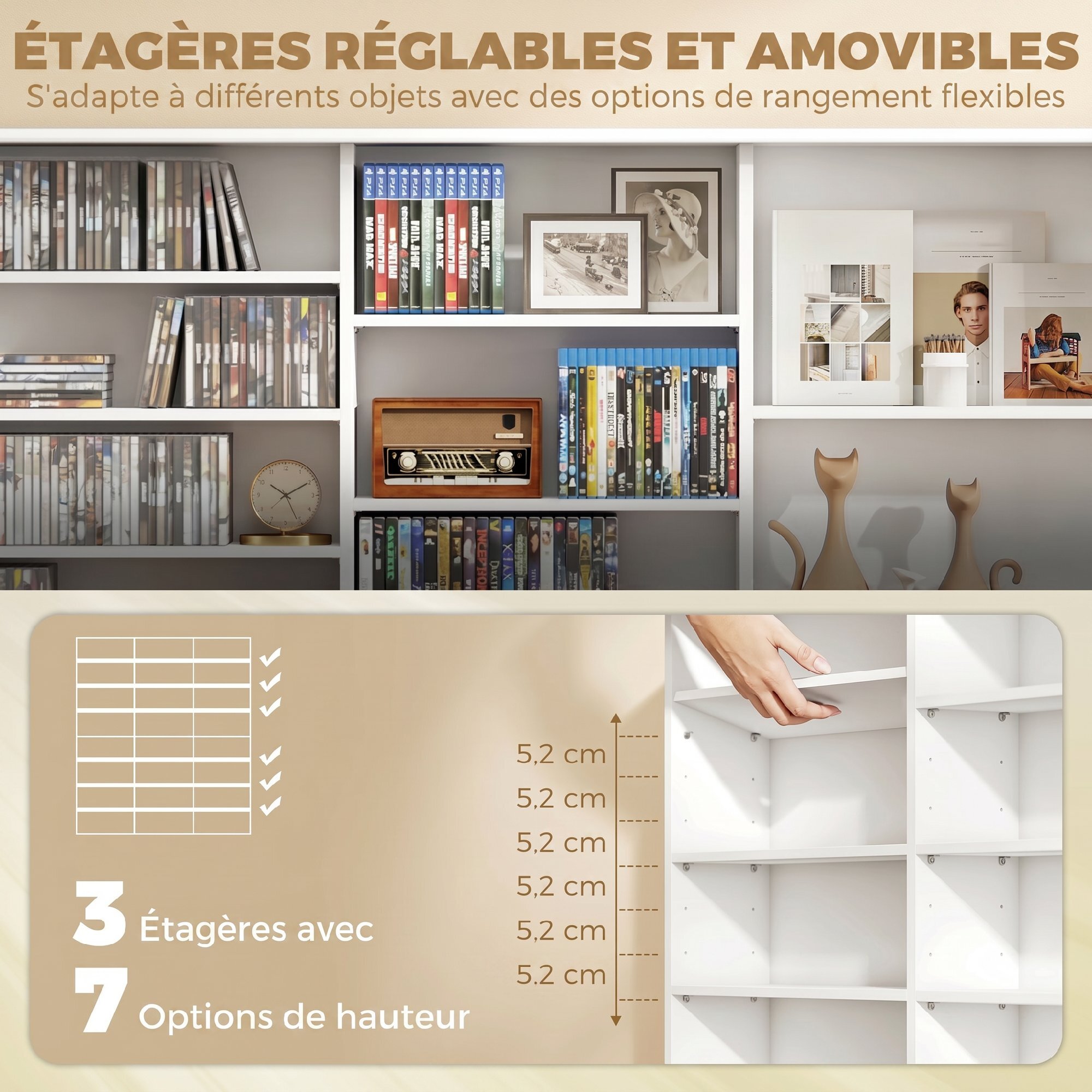 Rangement CD et DVD 24 compartiments 18 étagères réglables blanc