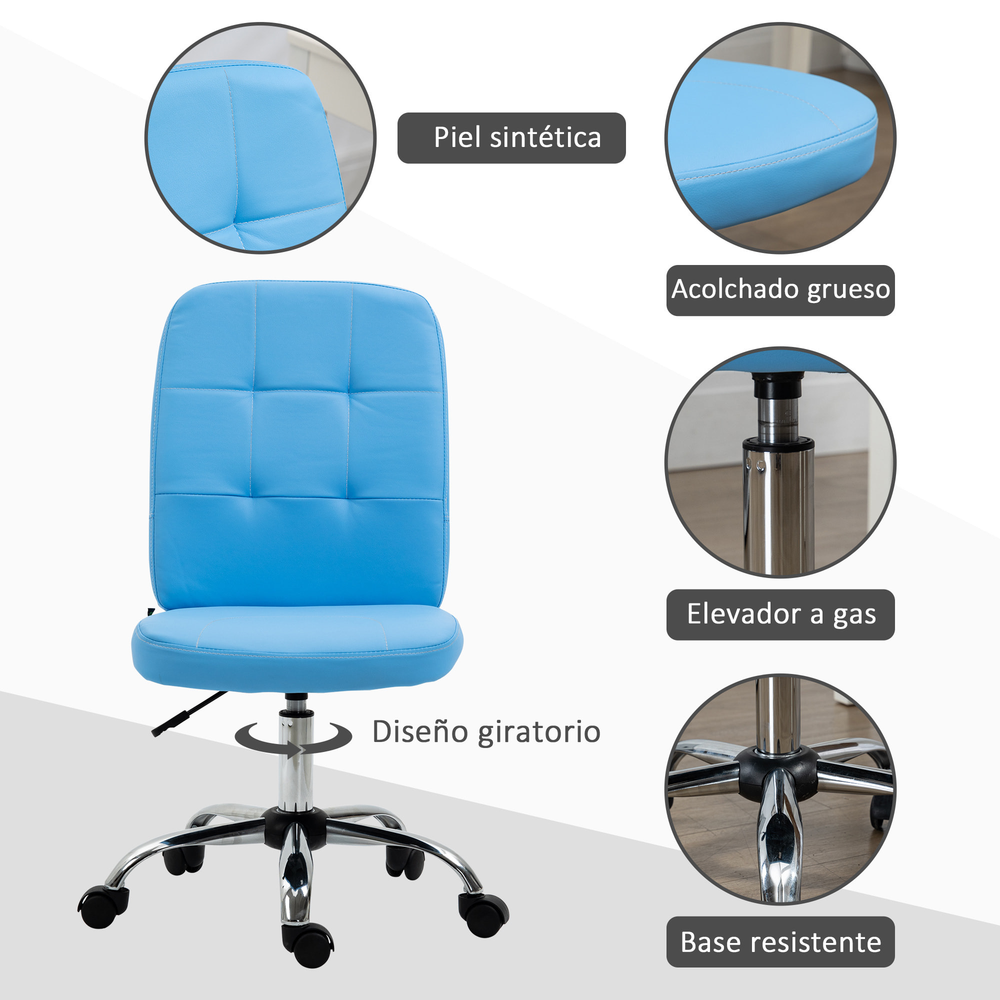 Silla de Oficina sin Brazos Silla de Escritorio Giratorio de Piel Sintética con Altura Ajustable Estilo Moderno Carga 120 kg 45x59x90-100 cm Azul