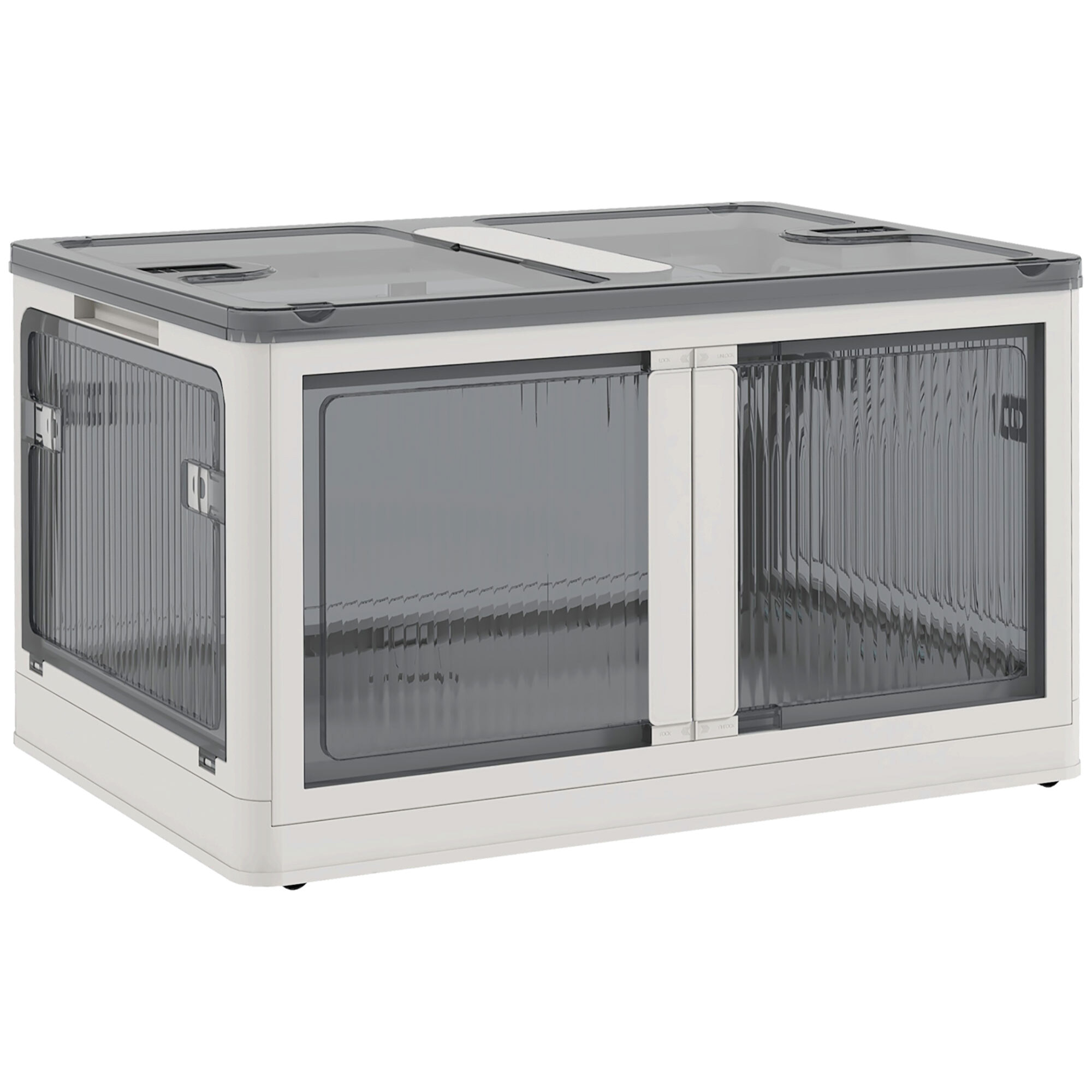 Boîte de rangement plastique 69L pliable empilable couvercle 4 roulettes accès 5 côtés blanc gris