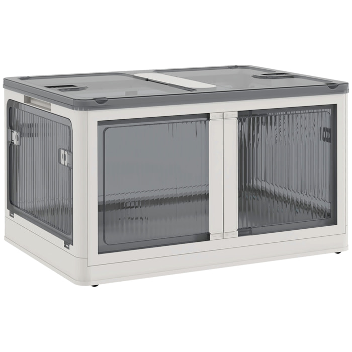 Boîte de rangement plastique 69L pliable empilable couvercle 4 roulettes accès 5 côtés blanc gris