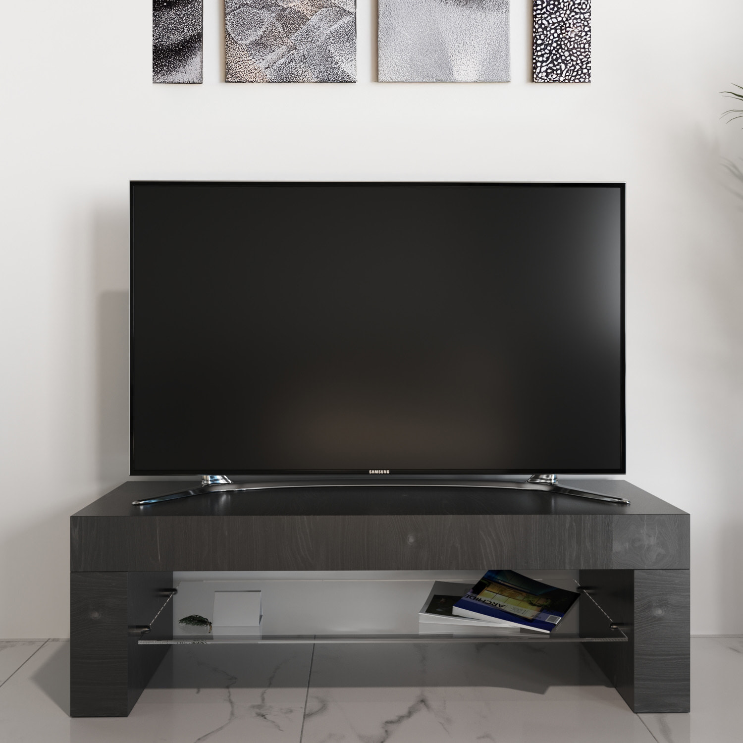 Mobile TV salotto soggiorno ripiano in vetro base televisione rovere alaska