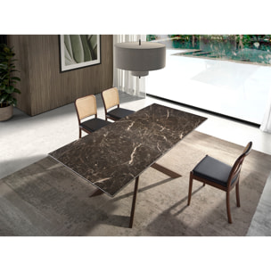 Mesa comedor extensible rectangular con tapa de mármol porcelánico en marrón con vetas crema en brillo 160x90x76cm