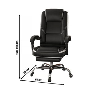 Fauteuil de bureau en simili avec repose pieds "Maissa" - Blanc/Noir