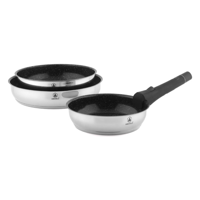 Set de 3 poêles inox amovible  antiadhésif - "Réactif"