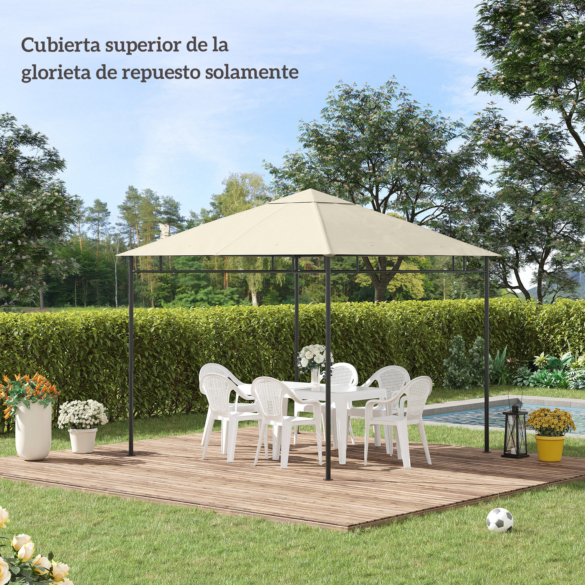 Techo de Repuesto para Cenador, 3x3 m, Cubierta de Repuesto con 8 Orificios de Drenaje, Ventilación y Protección UV, SOLO Toldo de Recambio para Pabellón Gazebo, Blanco Crema