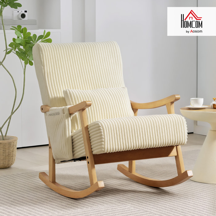 Silla Mecedora, Mecedora de Pana con Cojín Lumbar, Patas y Reposabrazos de Madera, Bolsillo, Estilo Moderno, Sillón de Lactancia, Carga 120 kg, para Dormitorio, Salón, Beige