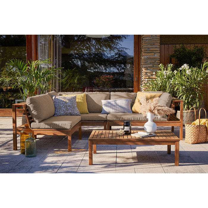 Salon de jardin d'angle 6 places en bois massif avec coussins déhoussables taupe BELIZE