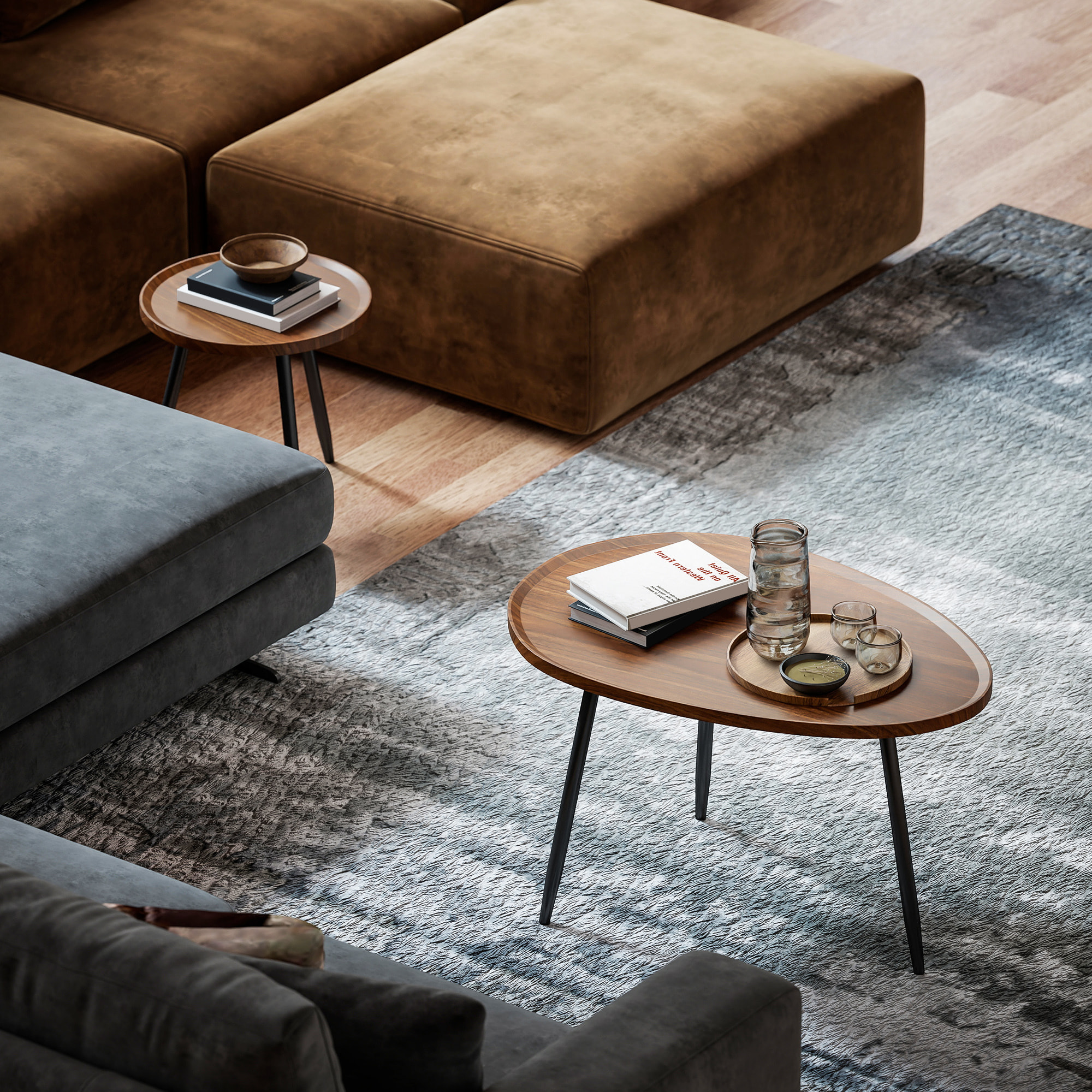 Juego de 2 Mesas Auxiliares Apilables Mesas Nido Mesitas de Café Estilo Moderno con Marco de Metal para Salón Dormitorio Oficina 80x55x49 cm y Ø40x39 cm Efecto Madera y Negro