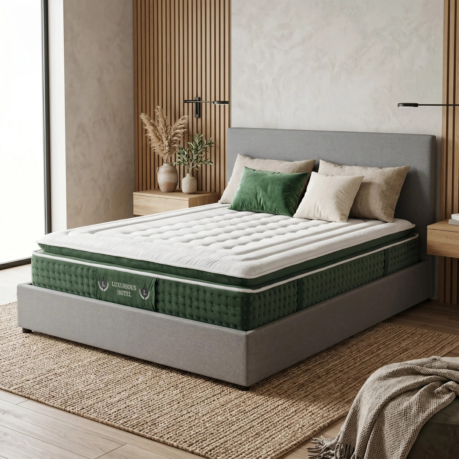 Ensemble matelas Jade & lit coffre Colisée | Mémoire de forme et ressorts ensachés | Grande capacité de stockage | Tissu | Gris clair