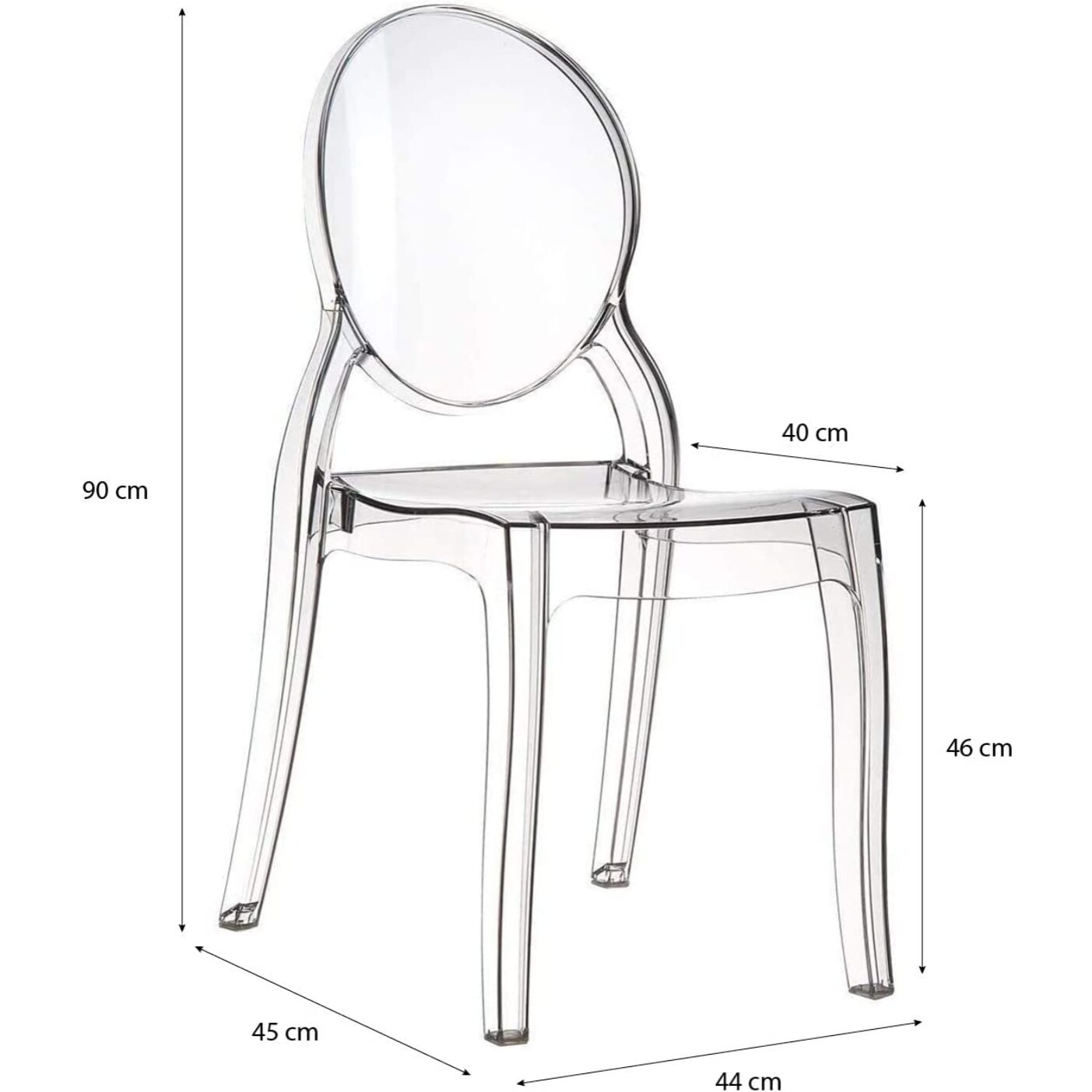 Set di 4 Sedie in Policarbonato Trasparente Cristal Light, Sedie Hotel Casa Ufficio, Design Moderno Elegante, 44 x 45 x 90 cm Trasparente