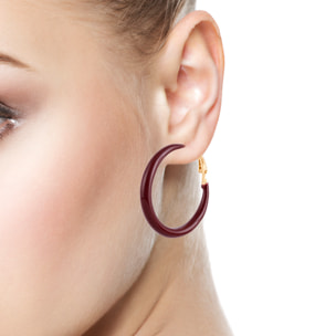 Pendientes de aro liso de cobre con recubrimiento electroplateado color granate, 36 mm, cierre catalán de plata de ley 925 con acabado dorado electroplateado.