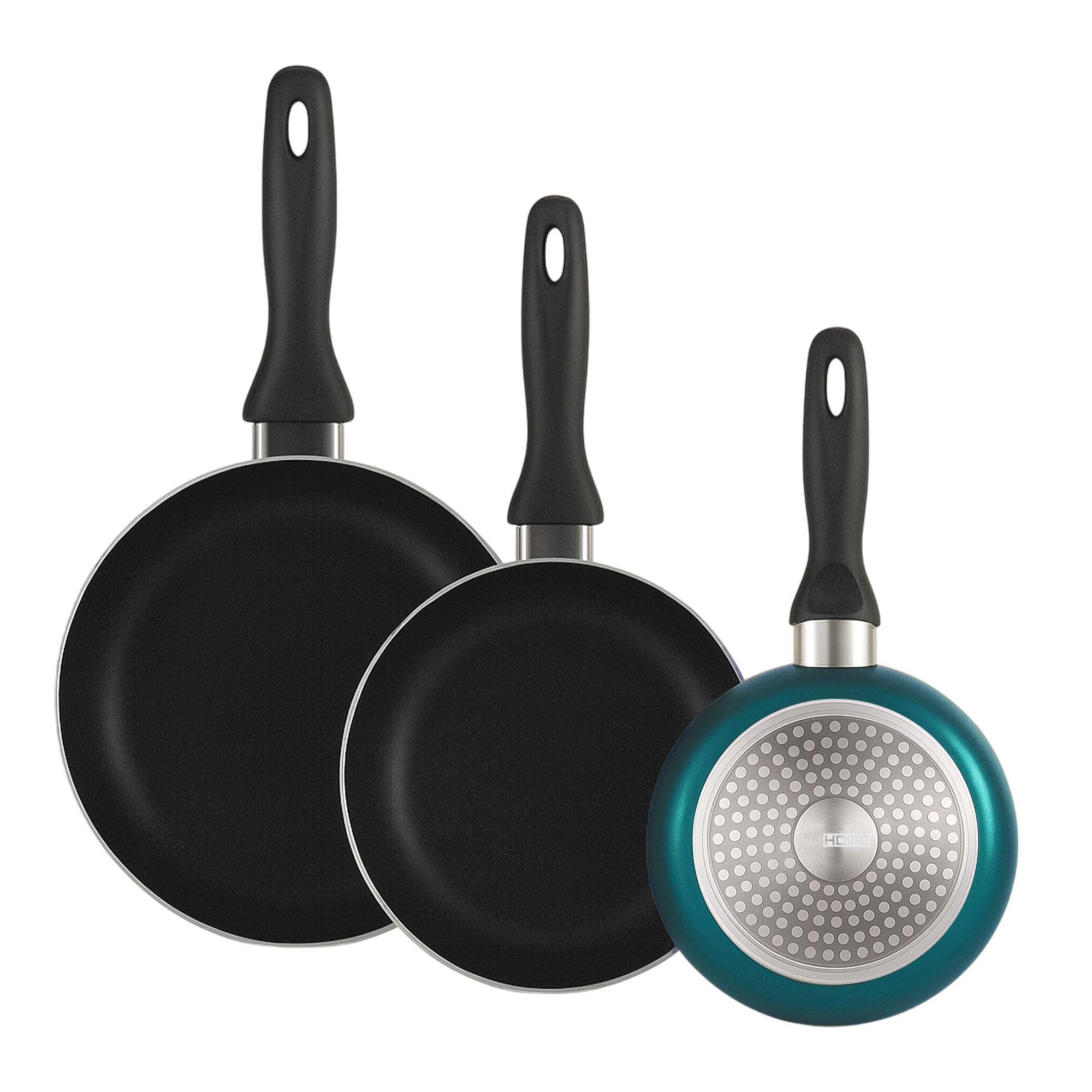 set de batería de cocina de 8pc en acero inoxidable + 3 sartenes ø16ø20ø24cm azul metalizado en aluminio prensado