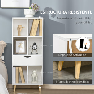 HOMCOM Estantería Librería con 6 Compartimentos Abiertos 1 Cajón y Patas de Madera para Almacenamiento de Libros Juguetes CDs Plantas 50x29,5x120 cm Blanco