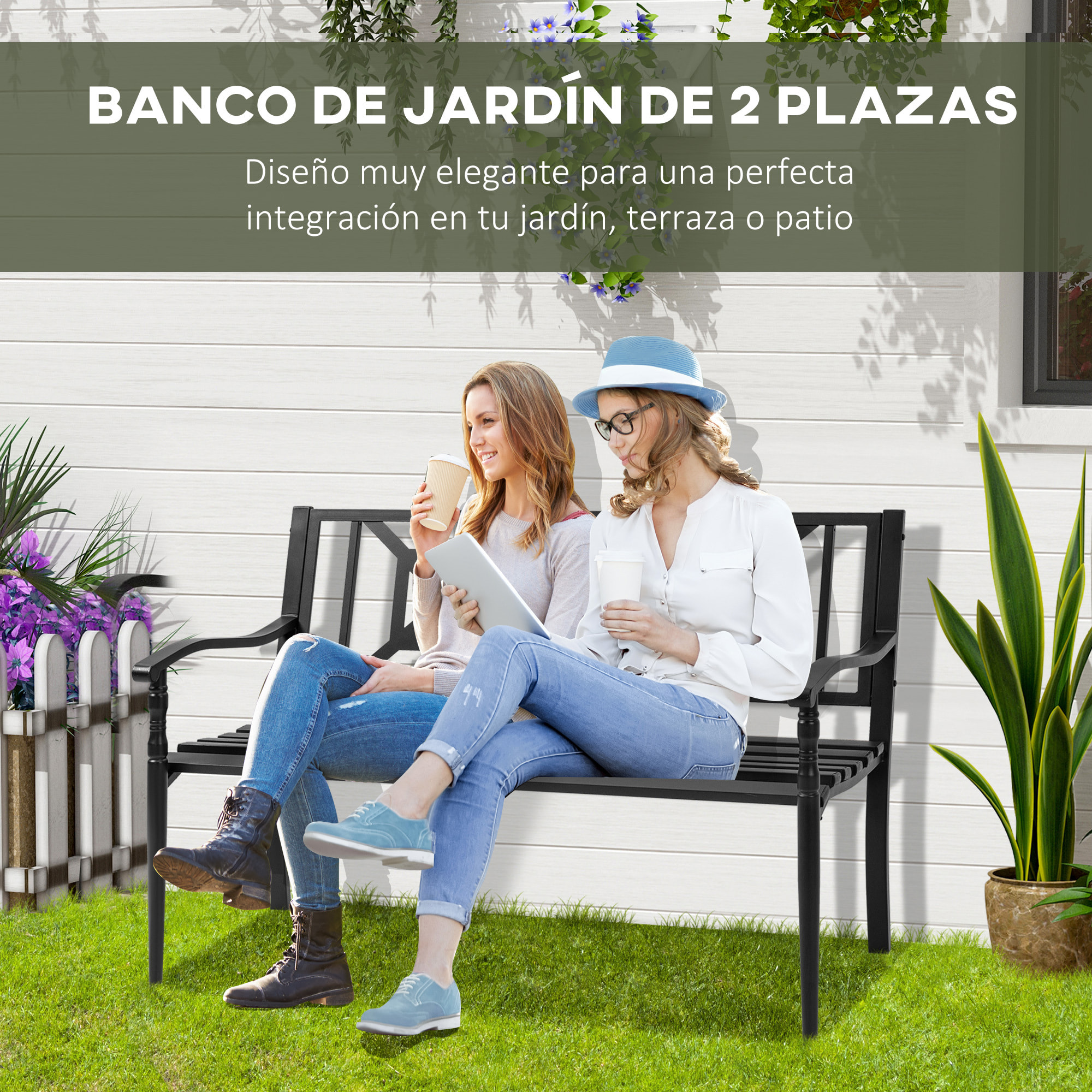 Banco de Jardín de 2 Plazas Banco Exterior de Acero con Reposabrazos y Respaldo Decorativo para Terraza Balcón Patio Carga 240 kg 128x62,5x81,5 cm Negro