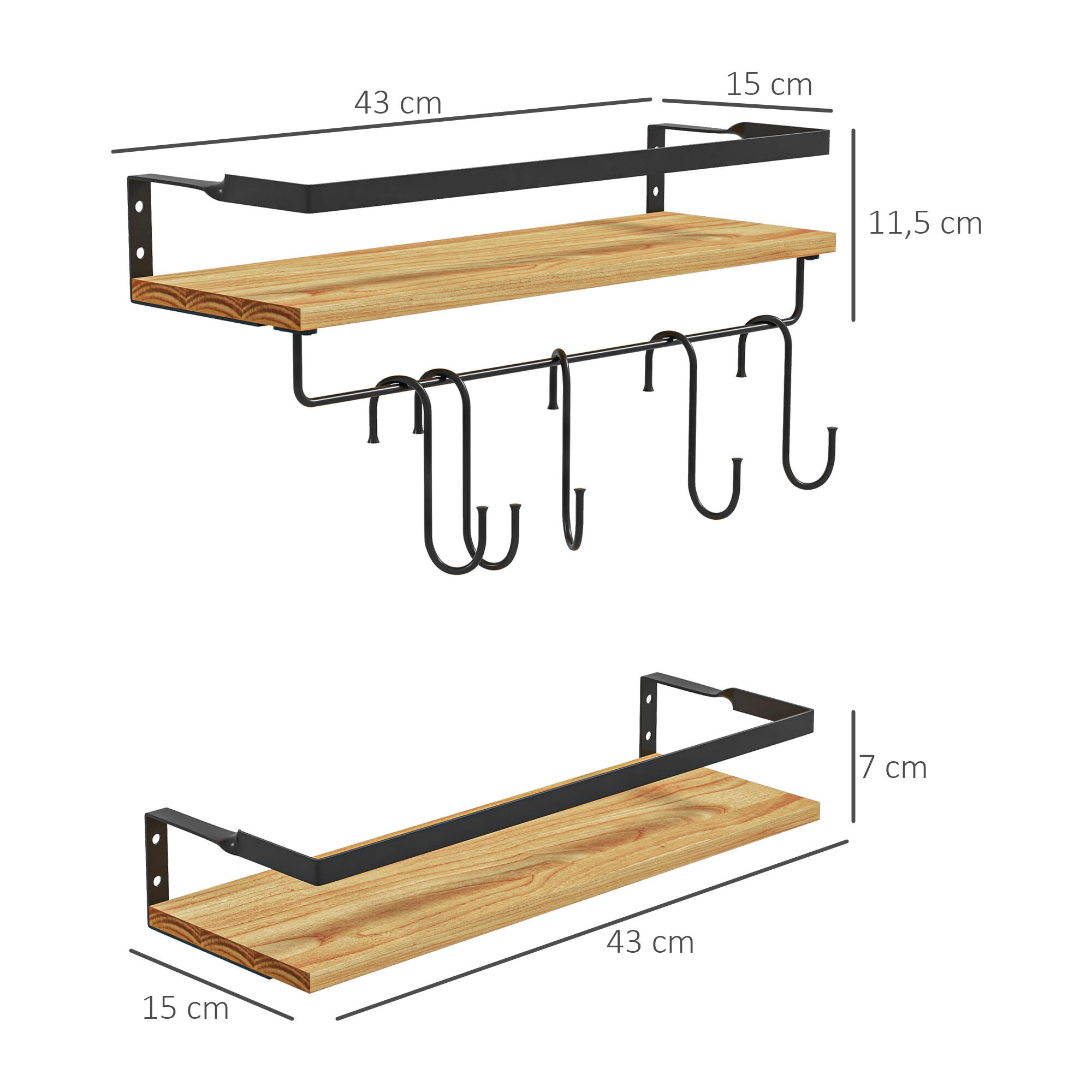 Lot de 2 étagères murales flottantes en bois de sapin et acier noir - étagères de cuisine à ustensiles - 6 crochets amovibles