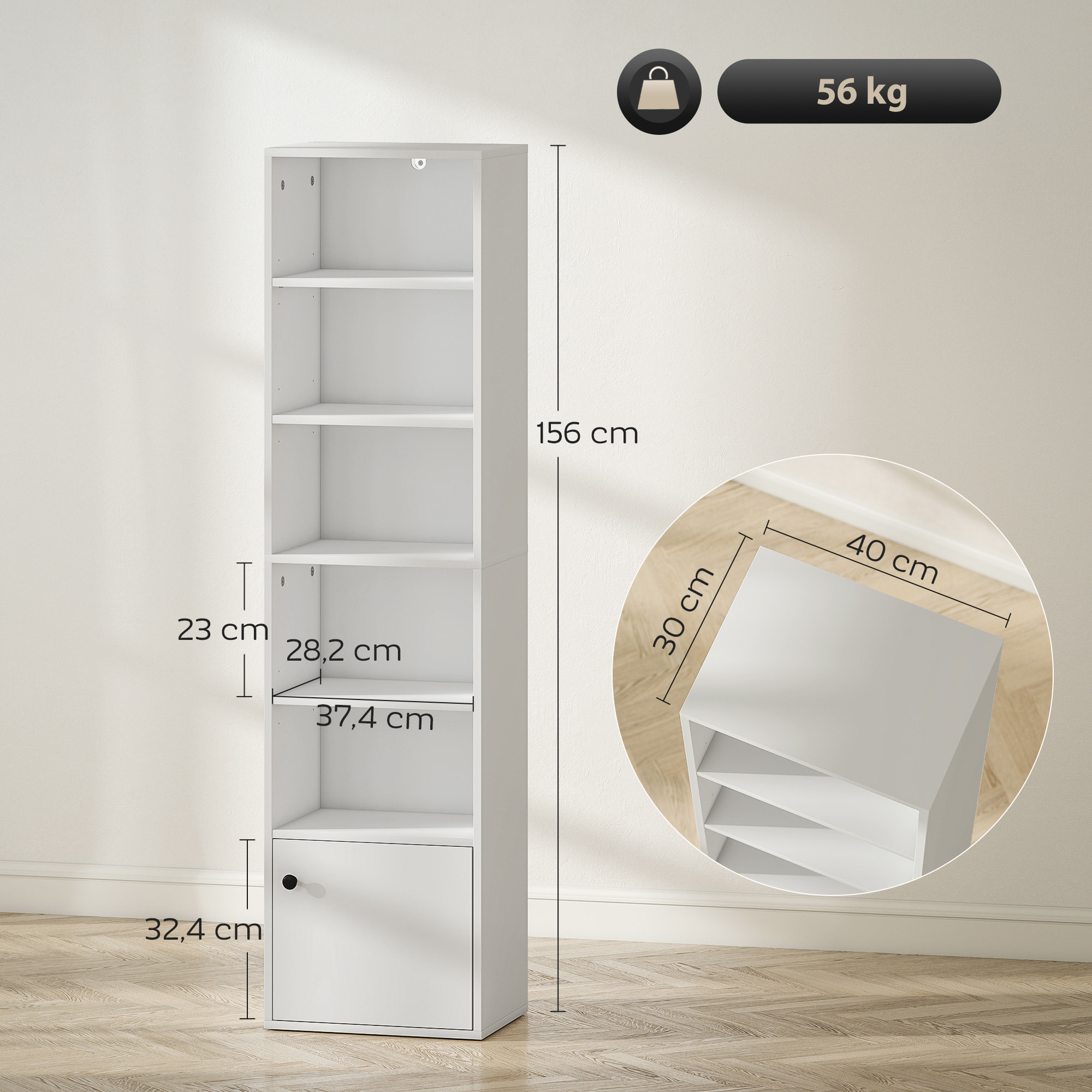 Librería de 6 Niveles, Estantería para Libros con Estantes Ajustables y Puerta, Estantería Moderna, 40x30x156 cm, para Salón, Dormitorio, Estudio, Oficina, Blanco