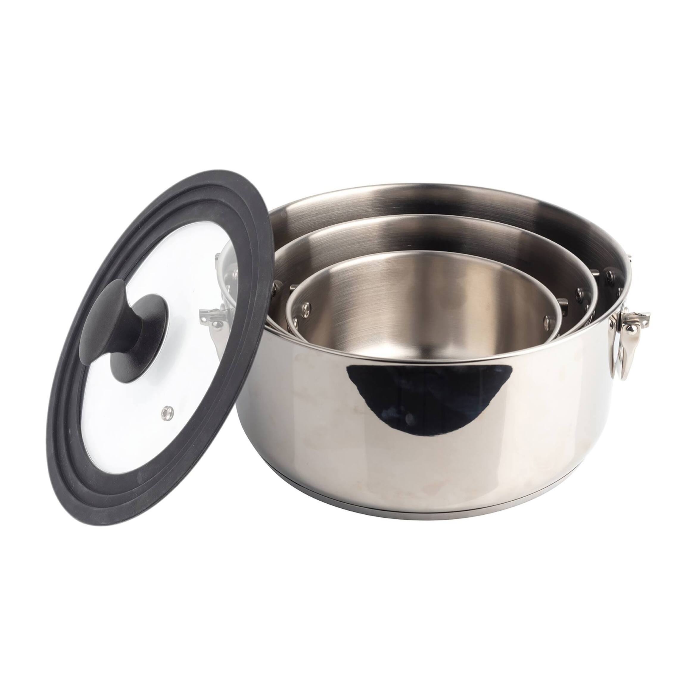 Batería de cocina con cacerolas de Ø16Ø20Ø24cm en acero inoxidable y Tapa de cristal FOODIES MasterPRO