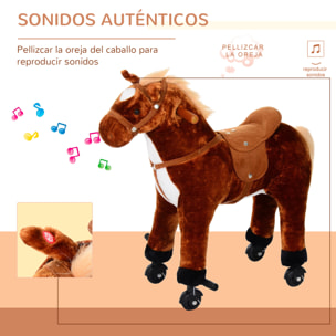 Caballo de Juguete para Niños de +3 Años Caballo de Juguete con Ruedas Sonidos y Estructura de Metal Carga 60kg 65x28x75 cm Marrón