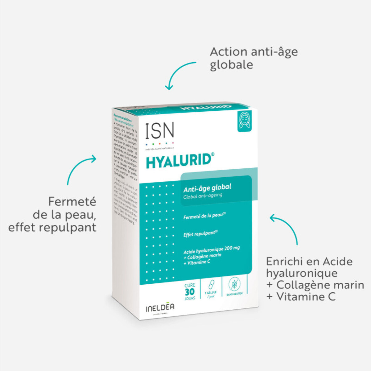 ISN - Hyalurid - Action anti-âge globale - Préserve la beauté et la jeunesse de la peau - Fermeté & élasticité - Effet repulpant - Acide Hyaluronique, Collagène marin, Vitamine C - Cure 30 jours