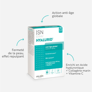 ISN - Hyalurid - Action anti-âge globale - Préserve la beauté et la jeunesse de la peau - Fermeté & élasticité - Effet repulpant - Acide Hyaluronique, Collagène marin, Vitamine C - Cure 30 jours