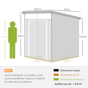 Abri de jardin en polypropylène 3,24 m² - 190 x 191 x 215 cm - 2 fenêtres, 2 portes - gris