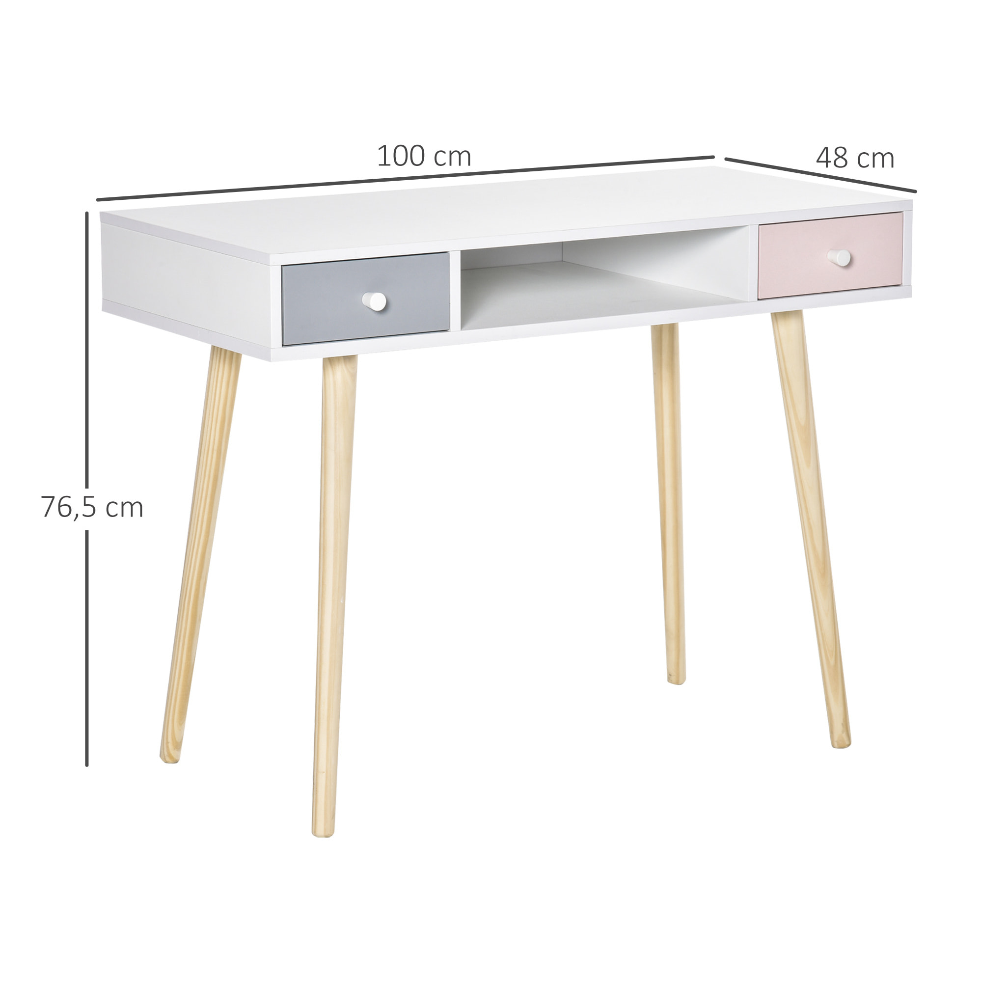 Bureau enfant style scandinave avec tiroir et compartiment de rangement 100L x 48l x 76,5H cm MDF et pin blanc gris et rose