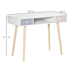 Bureau enfant style scandinave avec tiroir et compartiment de rangement 100L x 48l x 76,5H cm MDF et pin blanc gris et rose