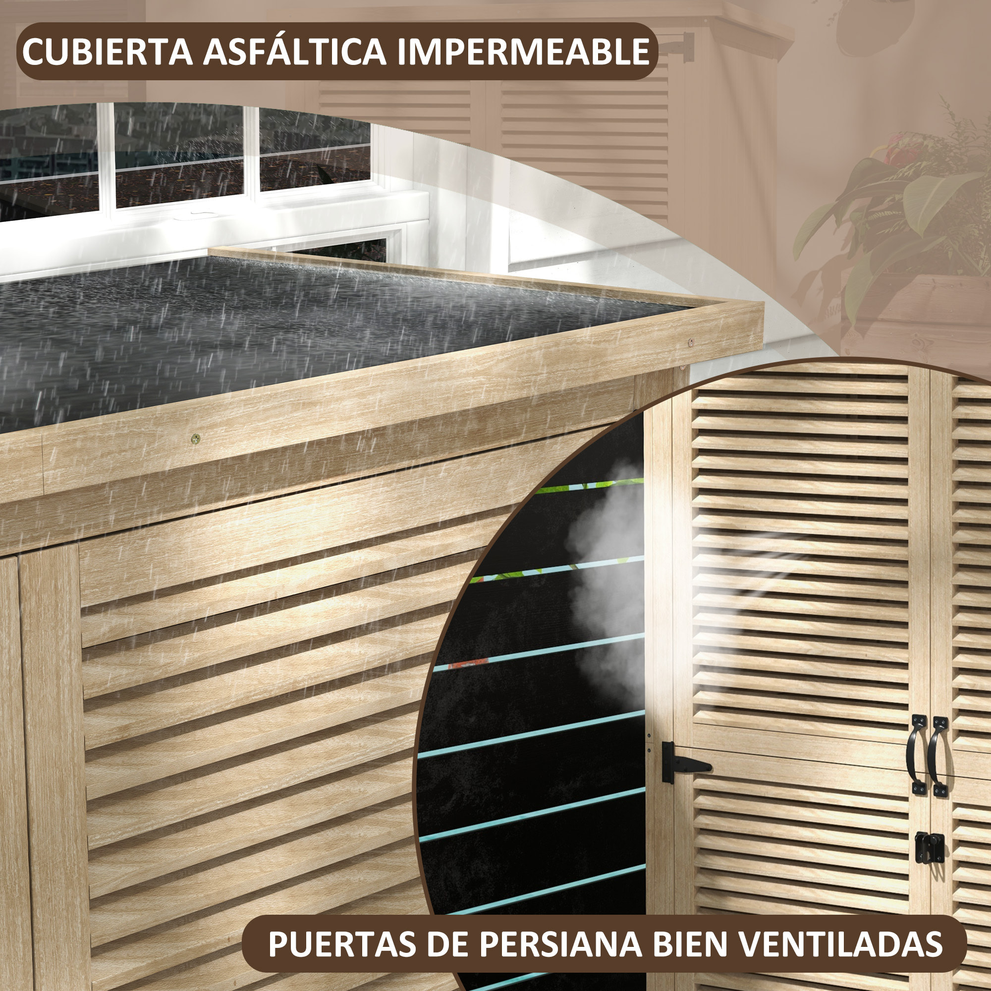 Outsunny Cobertizo de Madera 0,83 m² 127x65x168 cm Armario de Exterior de Madera con 2 Puertas de Persiana 2 Estantes 2 Asas y Techo Impermeable para Jardín Natural